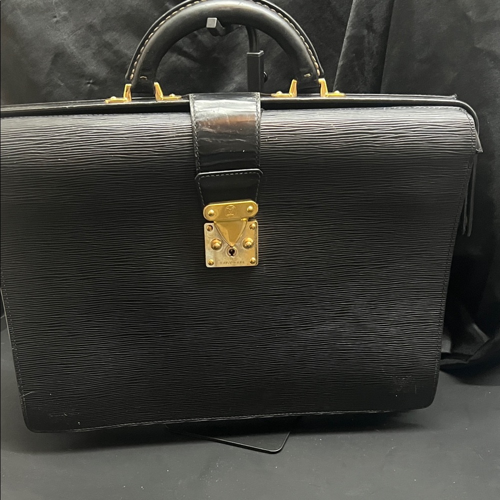 Men's Black Leather Briefcase with Gold Hardware